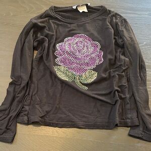 Elegant Black Long Sleeve Top with Purple Rose Design